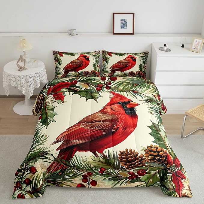 jejeloiu Kids Red Cardinal Comforter Set Queen Size Christmas Tree Green Plants Bedding Set for Boys Girls Teens Xmas Birds Animal Winter Happy New Year Duvet Quilt Room Decor