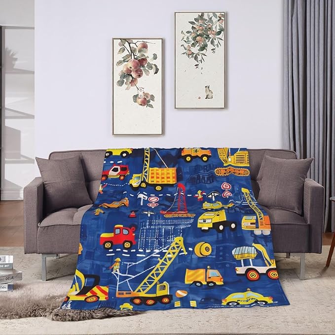 Excavator Blanket Construction Truck Decor Throw Blanket Super Soft Flannel Lightweight Fluffy Plush Fuzzy Fleece Toddler Tractor Blanket Gifts for Kids Boys Girl Woman for Couch Sofa Bedding 40"X50"