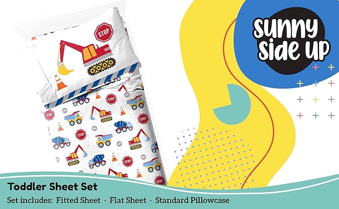 Sunny Side Up Construction Zone Toddler Sheet Set - 3 Piece Toddler Bedding Set Includes Pillow Cover - Super Soft Trucks Microfiber Sheets