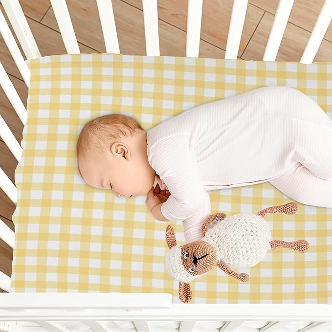 Yellow Gingham Crib Sheets for Boys and Girls, Fitted Baby Crib Sheets Soft and Breathable Mini Crib Sheets 52 X 28 Inches
