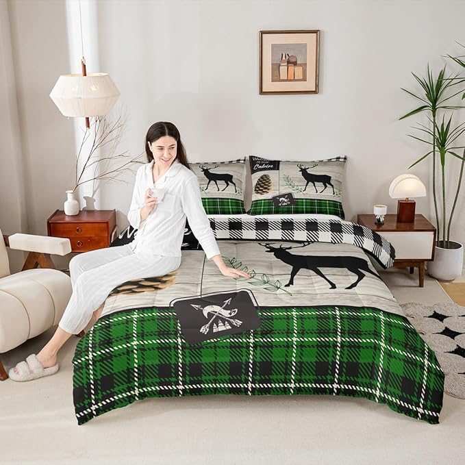 Deer Silhouette Kids Comforter Set Twin Size,Old Plank Leaves Bedding,Girls Boys Adults Bedroom/Xmas Cabin Decor,Geometric Grid Plaid Retro Down Comforter,Rustic Farmhouse Duvet Insert,1 Pillowcase