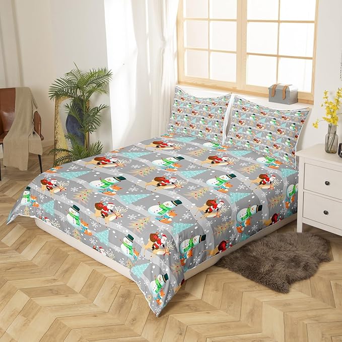 Christmas Duvet Cover Set Queen Size, Xmas Trees Snowman Santa Claus Comforter Cover with 2 Pillowcases, Winter Snowflake Grey Stripes Bedding Set for Kids Girls New Year Bedspread Cover,No Comforter