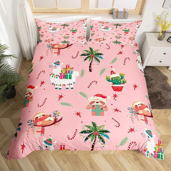 Manfei New Year Duvet Cover Set Queen Size, Cute Xmas Sloth Alpaca Print Bedding Set 3pcs for Kids Boys Girls Bedroom Decor, Christmas Theme Comforter Cover with 2 Pillowcases,No Comforter