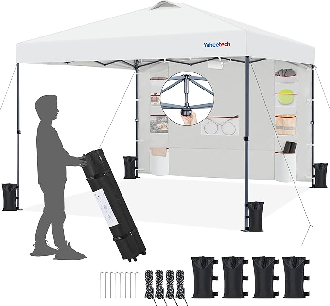 Yaheetech 10x10 Pop-up Canopy Tent w/Removable Pockets Sidewall for Extra Storage, Outdoor Sun Shelter Waterproof & Durable w/Wheeled Bag, Sandbags & Guylines for Beach Camping Party (White)