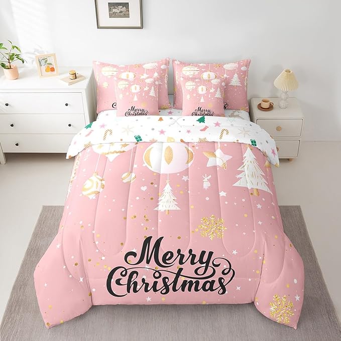 Feelyou Christmas Tree Bed Set for Children Kids Boys Girls Pink Xmas Theme Bed in a Bag Glitter Snowflake Star Comforter Set with Sheets Room Decor Bedding Set Queen Size
