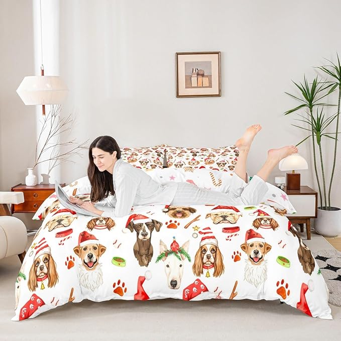 Christmas Kids Bedding Set Cartoon Puppy Dogs Xmas Theme Bedding Duvet Cover Set for Boys Girls New Year Decor Comforter Cover Set Animal Pattern Bedspread Cover Bedroom Quilt Cover 2Pcs Toddler Size