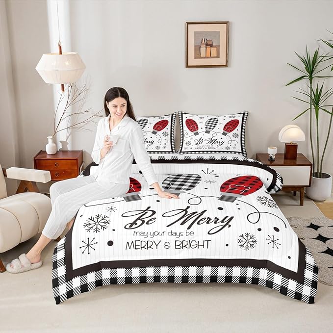 Merry Christmas Kids Comforter Set Twin Size,Geometric Grids Stylish Bedding,Girls Boys Adults Bedroom/Xmas Cabin Decor,Snowflake Bells Down Comforter,Rustic Farmhouse Duvet Insert,1 Pillowcase