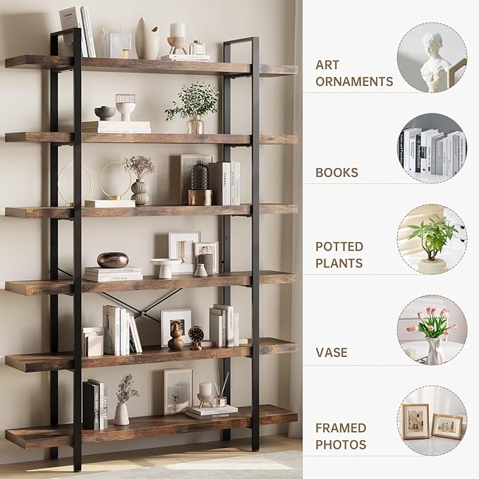 6 Tier Bookcase, 47 Inch Wide Wood Bookshelf, 120lbs Shelf Capacity Estante, Rustic Open Shelving Industrial Display with Reinforced Horizontal Brown Shelves for Living Room Bedroom Office