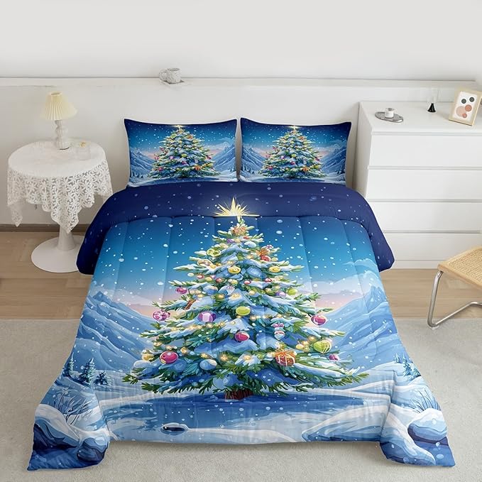 Feelyou Christmas Comforter Set Full Size Xmas Tree Bedding Set for Kids Boys Girls Winter Snowflake Duvet Quilt Christmas Tree Ornaments Bedroom Decor Microfiber 3 Pcs with 2 Pillow Cases