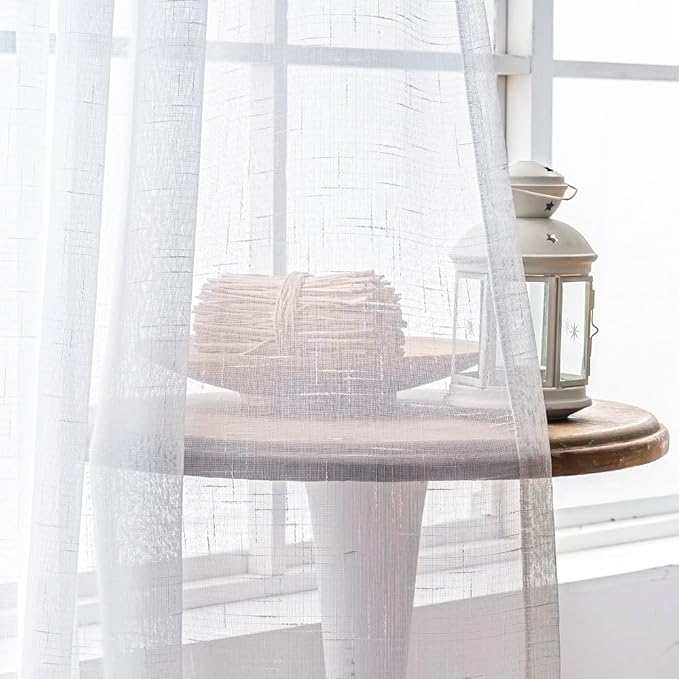 White Sheer Curtains 96 Inches Long 1 Panel, 50 Inch Width, Thin Textured Linen Look Sliding Glass Door Curtain, Rustic Elegant Window Treatments, Pinch Pleated Drapes for Living Room