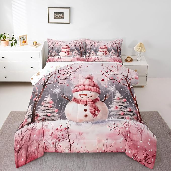 Feelyou Cute Snowman Comforter Set All Season Christmas Tree Bedding Set with 1 Pillow Cases Xmas Snowflake Microfiber Kids Twin Bedclothes Pink Scarf Bedroom Decor Pink Winter Scene Duvet Quilt