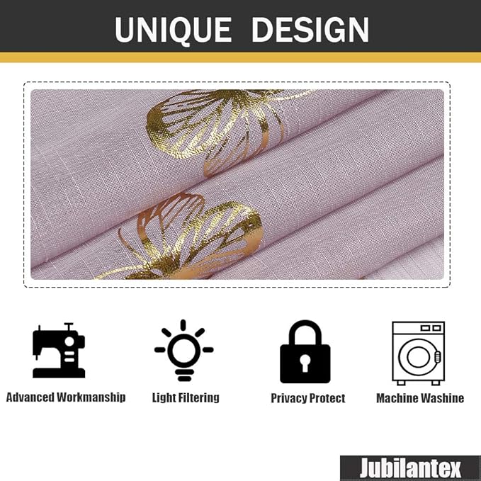 Jubilantex lila Sheer Curtain with Gold Butterfly Pattern for Kids Room, Linen Textured Rustic Metallic Print 95 Inch Rod Pocket Window Drapes for Girls Bedroom Living Room, 2 Panels