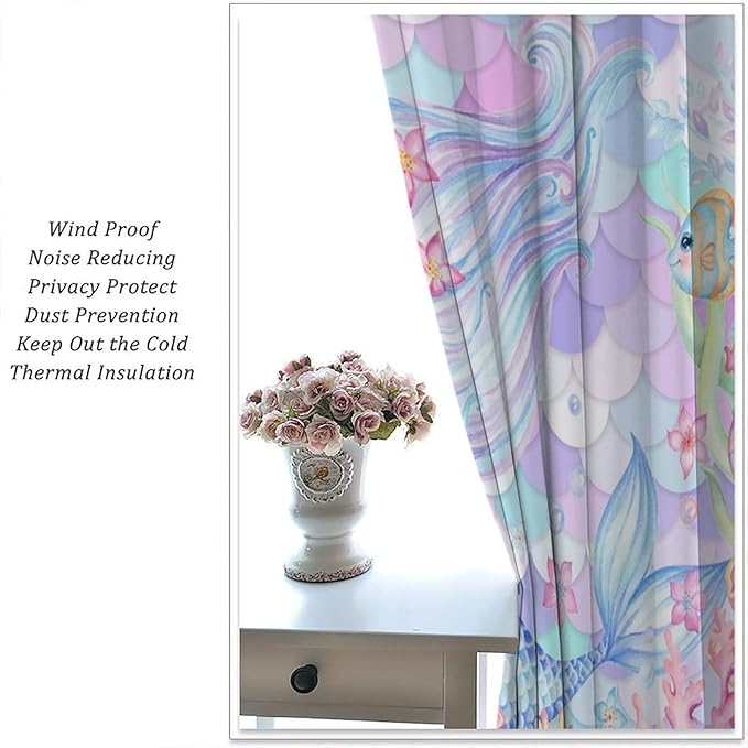 Fantasy Mermaid Curtain Dream Cartoon Marine Organisms Turtle Coral Ocean Theme Dream Blackout Window Treatment for Kids Girls Bedroom Nursery Room Decor Rod Pocket Window Drapes 63x72in