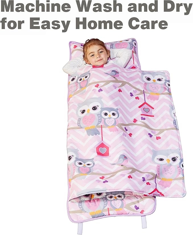 EVERYDAY KIDS Nap Mat with Removable Pillow - Carry Handle with Straps Closure, Rollup Design, Soft Microfiber for Preschool, Daycare, Travel Sleeping Bag - Sweet Owls - Ages 3-6 Years