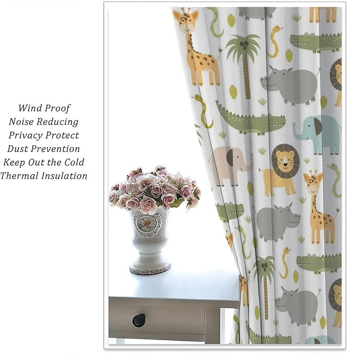Nursery Safari Animals Window Curtains,Cartoon Woodland Jungle Forest Lion Elephant Giraffe Printed Pattern Blackout Drapes for Living Room Baby Boy Kids Bedroom 63x72in