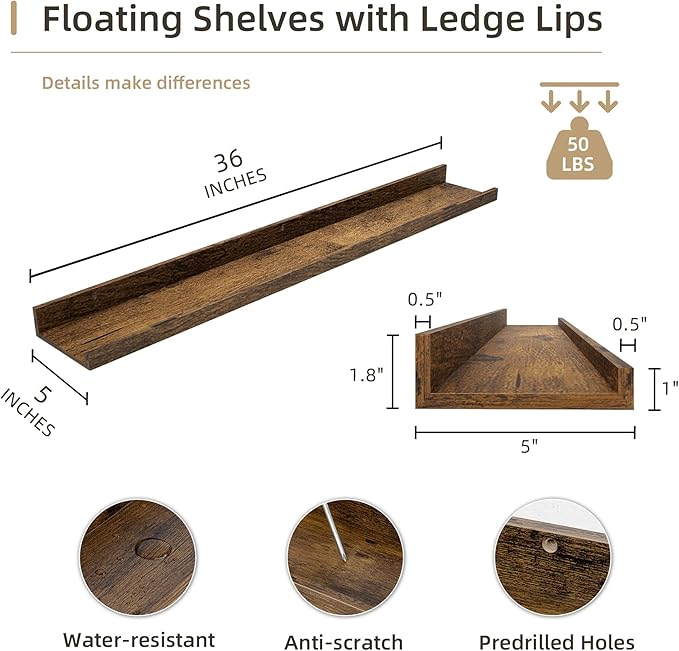 Picture Ledge Shelf, Wood Floating Shelves Set of 2, 36 inch Picture Ledge Shelves, Photo Ledge Nursery Book Shelves Wall Mounted for Living Room Kids' Room Bedroom, Color Brown