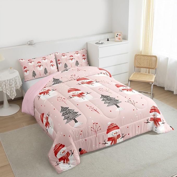 Feelyou Cute Snowman Bedding Set Soft for Boys Girls, Christmas Trees Comforter Set Queen Size Xmas Snowflake Duvet Quilt Microfiber Christmas Decor Bedroom Decor Holiday 3 Pcs with 2 Pillow Cases