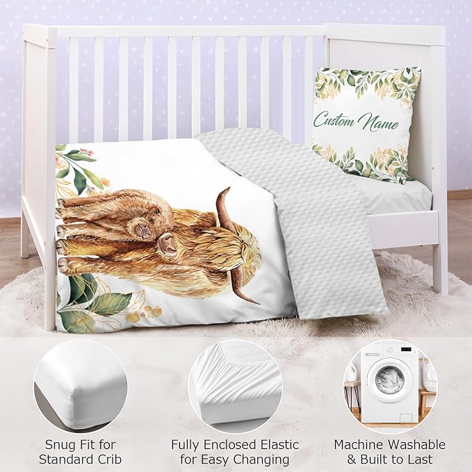 Personalized Baby Crib Bedding Set,3 Piece Custom Name Nursery Set with Blanket, Fitted Sheet & Pillowcase for Baby Girls & Boys, Highland Cow Theme(Fixed Size)