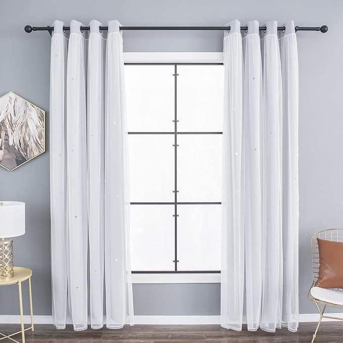 Kinryb Kids Star Cutout Blackout Curtains for Bedroom/Living Room,2 Free Tiebacks Sheer Overlay 72 Inches 2 Panel Set, Double Layer Curtains for Kids Room(W52 x L72 Inches,Greyish White 2 Pcs)
