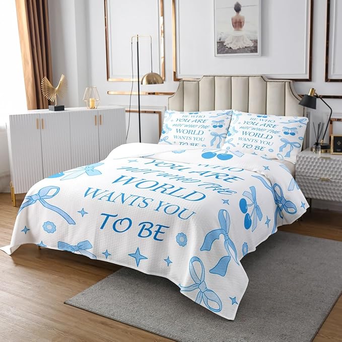 Blue Bowknot Kids Bedspread Queen Size,Cherry Tropical Fruit Cartoon Princess Coverlet Set,Girls Women Room Decor,Bow Tie Stars Daisy Cute Quilted Coverlet,Blue Dreamy Bedding Quilt,2 Pillowcases