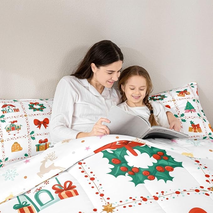 Feelyou Christmas Decor Kids Comforter Set Toddler Size Red Bowknot Bedding Set New Year Gift Duvet Quilt for Kids Boys Girls Bedroom Happy New Year Decor Microfiber Ultra Soft Breathable