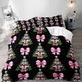 LUVIVIHOME 3PCS Christmas Tree Pink Bow Duvet Cover Full Bedding Set, Teen Girl Bedding, Black Duvet Cover, Bowknot Xmas Tree Winter Holiday Festival Coquette Christmas Comforter Cover, 2 Pillow Cases