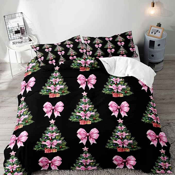 LUVIVIHOME 3PCS Christmas Tree Pink Bow Duvet Cover King Bedding Set, Teen Girl Bedding, Black Duvet Cover, Bowknot Xmas Tree Winter Holiday Festival Coquette Christmas Comforter Cover, 2 Pillow Cases
