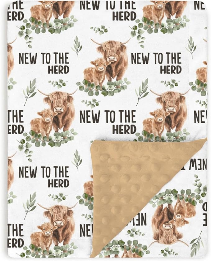 Highland Cow Baby Blankets for Boys Girls 30 x 40, Eucalyptus leaf Soft Double Layer Minky Blanket with Dotted Fleece Back, Nursery Bed Receiving Quilt for Newborn Infant Toddler Shower Gift