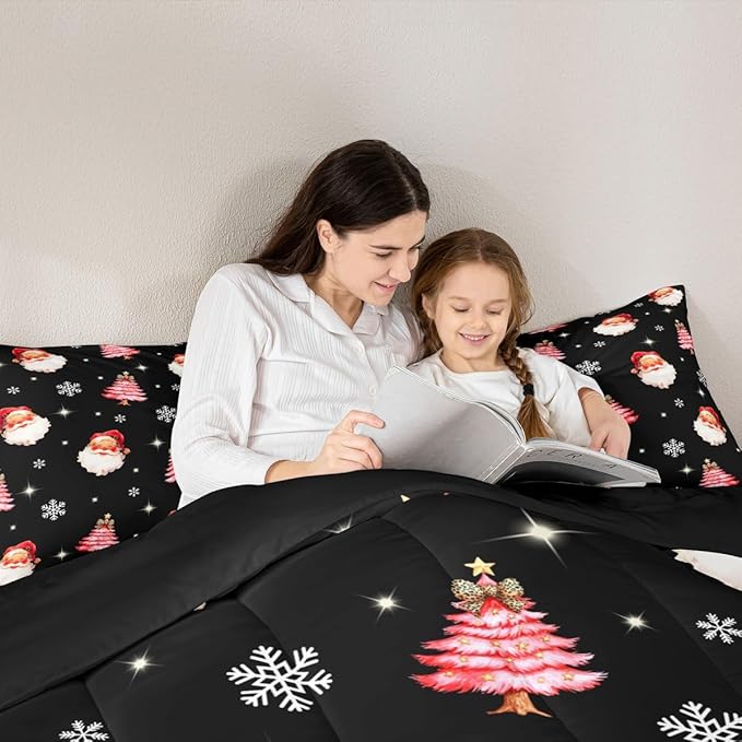 jejeloiu Kids Christmas Theme Comforter Set King Size Xmas Tree Cute Santa Claus Bow Bedding Set for Boys Girls Teens Winter Snowflake Happy New Year Duvet Quilt Room Decor