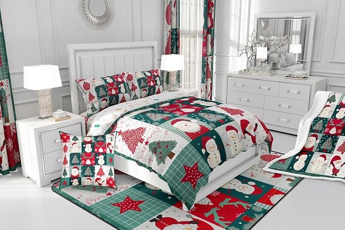 Feelyou Merry Christmas Comforter Set All Season Xmas Tree Snowman Bedding Set with 2 Pillow Cases Santa Claus Microfiber Kids King Bedclothes Patchwork Bedroom Decor Duvet Quilt Breathable Soft