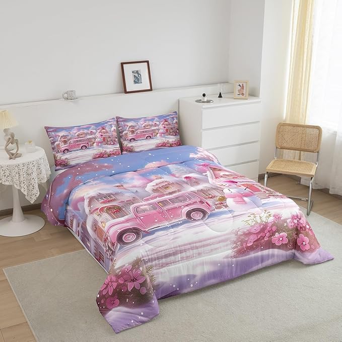 Manfei Christmas Comforter Set King Size, Pink Truck Flower Snowman Bedding Set for Kids Girls Room Decor, New Year Theme Down Comforter, Lightweight Duvet Insert, 2 Pillowcases