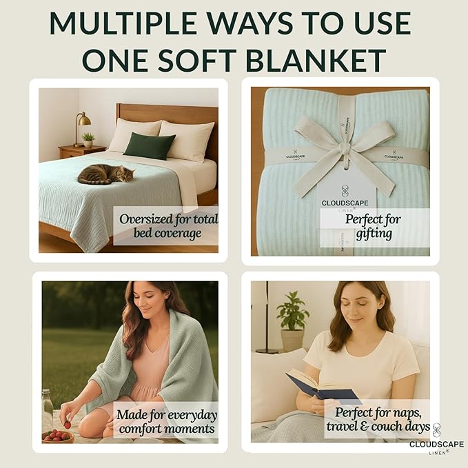 Cloud Scape Linen Oversized 4 Layer Muslin Blanket Twin Size - 100% Cotton, Lightweight & Breathable All Season Gauze, Pre-Washed, for Bed, Couch, fits Twin XL Bed,68x92, Seafoam Green