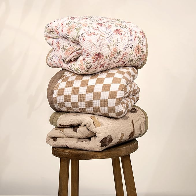 lulumoon Muslin Checkered Baby Blankets：Lightweight Cotton Toddler Blanket - Ideal for Stroller 47"x47"（Caramel Checkered）
