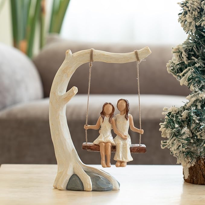 Swing Statue. Mother Daughter Sculpted Hand-Painted Figurine.Mom Birthday Gift from Daughter
