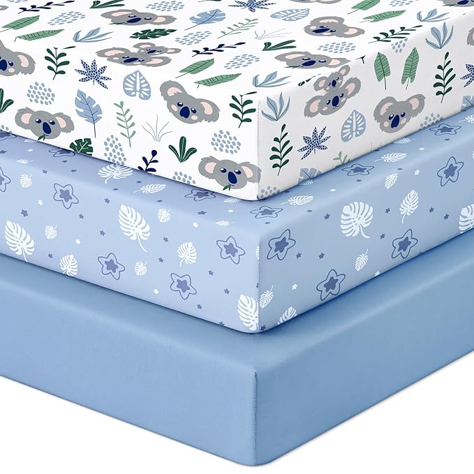 Pack and Play Sheets Fitted, 3 Pack Soft Stretchy Baby Mini Crib Sheets for Pack N Play Mattress and Portable Playard Sheets for Boys and Girls Blue Stars Koala
