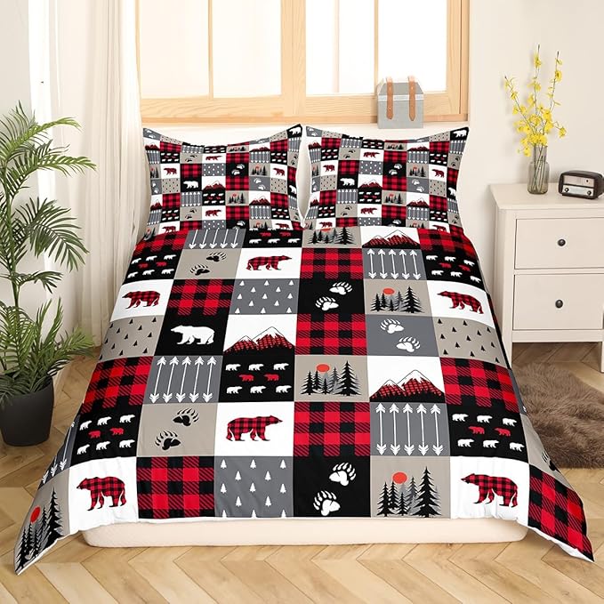Manfei Christmas Duvet Cover Set King Size Cute Bear Tree Print Comforter Cover Geometric Checkered Bedding Set 3pcs for Kids Boys Girls Cartoon Animal Bedspread Cover with 2 Pillowcases,No Comforter