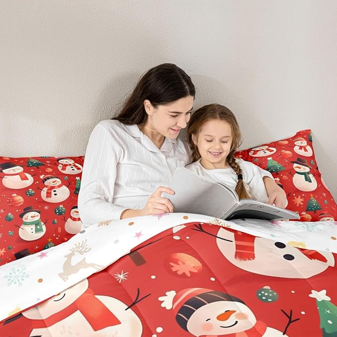 Feelyou Christmas Comforter Set King Size Snowman Bedding Set for Kids Boys Girls Snowflake Duvet Quilt New Year Theme Bedroom Decor Microfiber 3 Pcs with 2 Pillow Cases