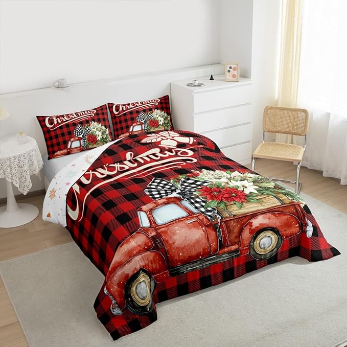 Kids Christmas Truck Comforter Set Queen Size,Floral Leaves Romantic Bedding,Girls Boys Adults Bedroom/Xmas Cabin Decor,Geometric Plaid Retro Down Comforter,Rustic Farm Duvet Insert,2 Pillowcases