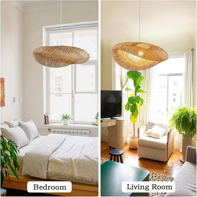Bamboo Chandelier 32.25 Inch Extra Large Rattan Chandelier, Hand Woven Bamboo Rattan Pendant Lights Wicker Hanging Light Fixture with Adjustable Height for Kitchen Island Living Room Dining Room Bar