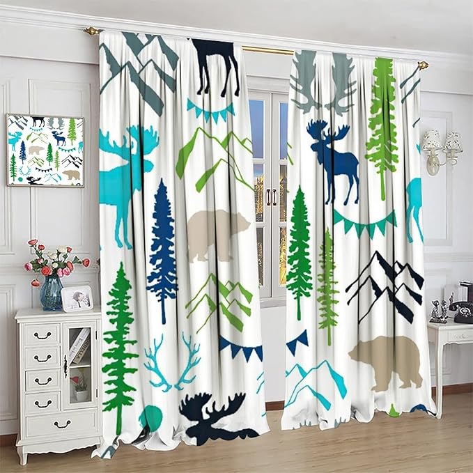 Forest Woodland Curtains, Wild Nature Bear Moose Deer Pine Trees Mountain Cabin Lodge Blackout Rod Pocket Windows Door Curtain for Bedroom Living Room Home Decor 42x45in
