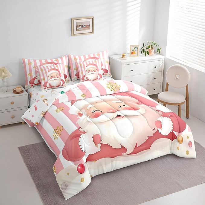 Feelyou Merry Christmas Decorations King Size Bed Set Santa Claus Bed in a Bag Pink Bedding Set Soft Warm Lightweight Comforter Set with Sheets