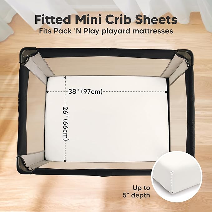 2-Pack Pack and Play Sheets, Waterproof Mini Crib Sheets Fitted - Organic Cotton Pack N Play Sheets for Graco Pack and Play Mattress, Playard Baby Crib Sheets,Neutral for Boy,Girl,Toddler (Soft White)