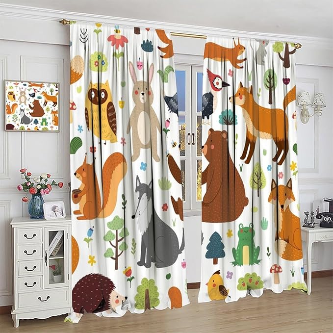 Kids Safari Animals Curtains, Baby Boy Girl Rustic Woodland Printed Cartoon Forest Window Treatments for Bedroom Living Room Nursery 2 Panels Sets, 63x72 Inch