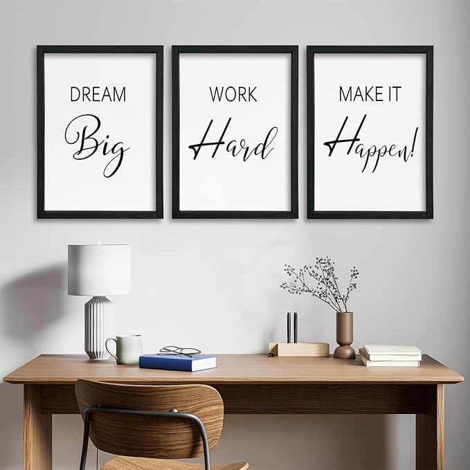 YWJKWLGS Motivational Wall Decor for Office & Home 11x16 Inch Set of 3 Inspirational quotes Wall Art Wood Frame Hanging Dream Big Work Hard Make It Happen positive affirmations Sign (Black)