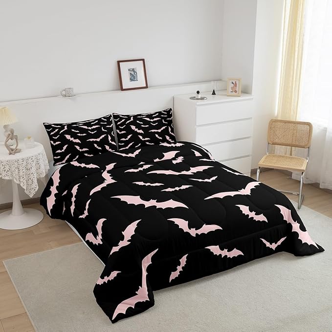 Erosebridal Bat Comforter Set Halloween Pink Bats Bedding Set with 2 Pillow Cases Silhouette Gothic Quilt King Size for Kids Boys Youth Gothic Spooky Bedding Comforter Sets,Black