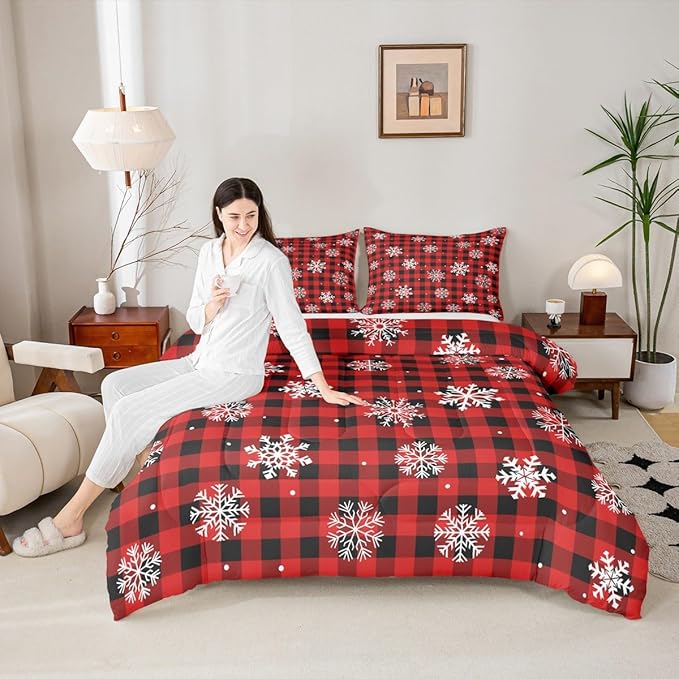 Feelyou Christmas Kids Comforter Set Full Size Snowflake Red Bedding Set Red Black Plaid Duvet Quilt for Kids Boys Girls Bedroom Winter Snow Decor Microfiber Ultra Soft Breathable