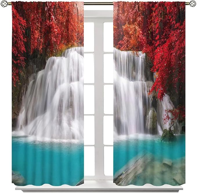 Red Forest Waterfall Blackout Windows Curtains, Tree Landscape Woodland Scenic Nature Fall Scenery Art Printed Curtains, for Living Room Bedroom 52x84in 2 Panels