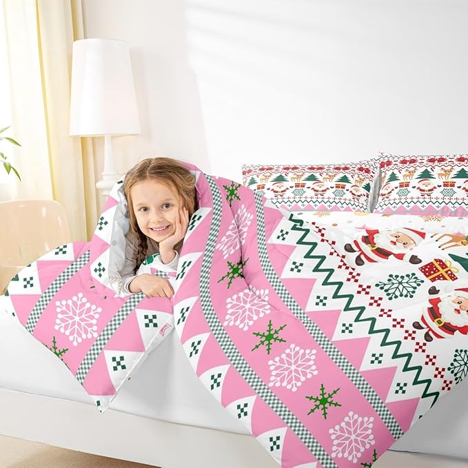 Feelyou Merry Christmas Comforter Set All Season Santa Claus Bedding Set with 2 Pillow Cases Cute Deer Microfiber Kids Queen Bedclothes Snowflake Bedroom Decor Duvet Quilt Breathable Soft