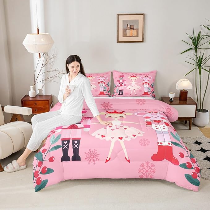 Feelyou Pink Christmas Comforter Set All Season Nutcracker Bedding Set with 1 Pillow Cases Mouse King Microfiber Kids Toddler Bedclothes Royal Guarder Ballet Princess Bedroom Decor Duvet Quilt Soft