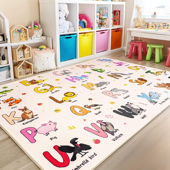 Kids Rugs for Playroom, 3x4 Feet Educational Rug for Learn The ABC Alphabet, Soft Machine Washable Non-Slip Cute Cartoon Animals Carpet for Classroom Toddler Nursery Kids Room Decor, Beige